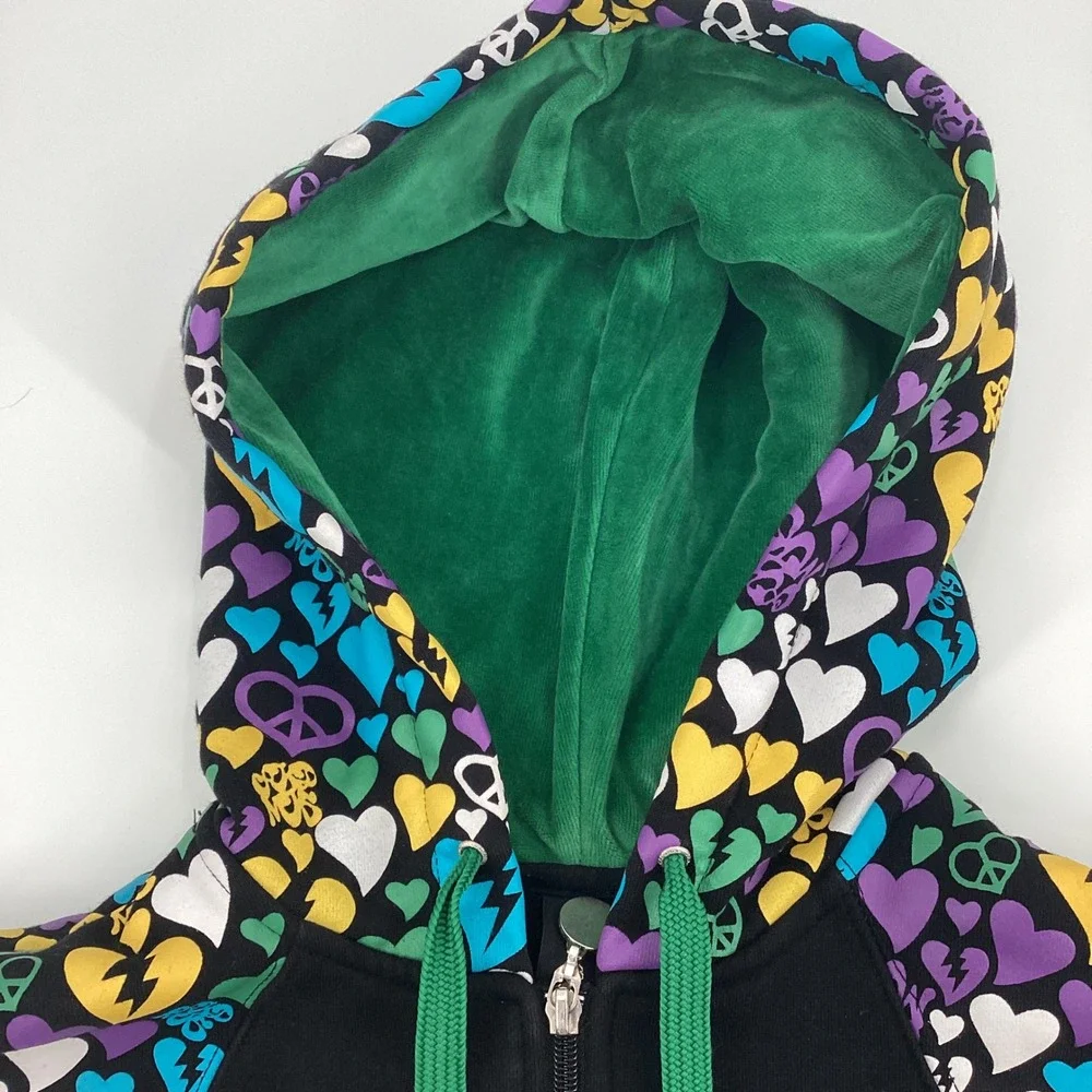 Akumu Ink Womens Black Heart Peace Print Zip Up Hoodie Velvet Lined Hood Large